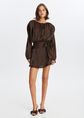 Shiny ruffle jurk, donkerbruin, large